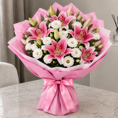 Букет лилий и белой эустомы