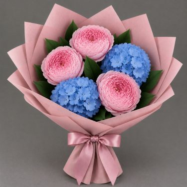 Букет Голубая гортензия и пионовидные розы