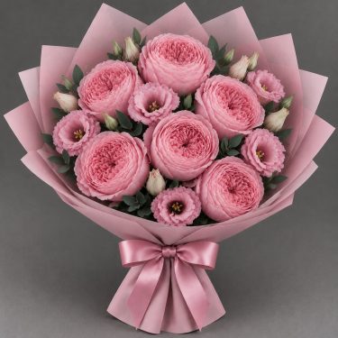 Букет из розовых пионовидных роз и эустомы